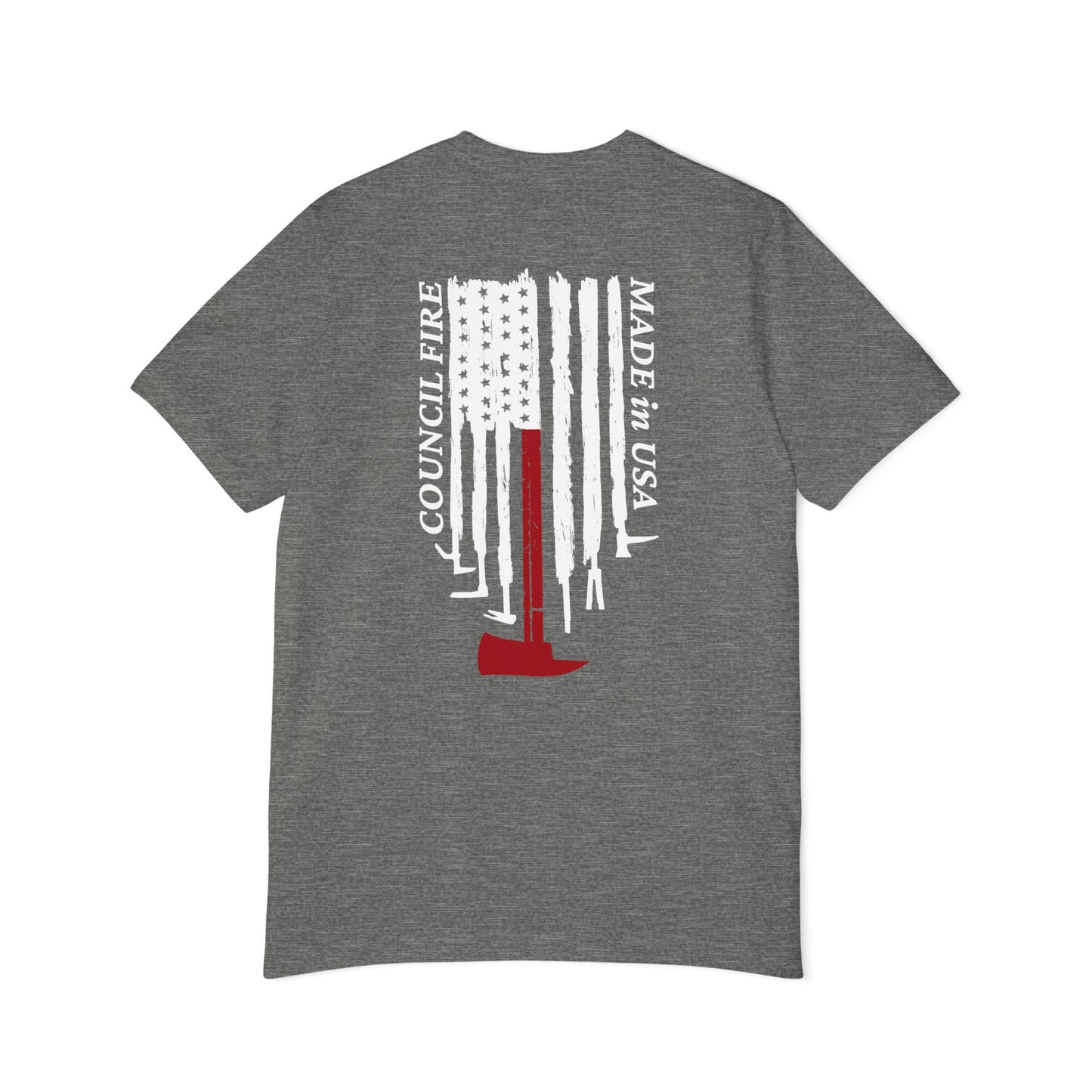 Council Fire Firefighter T-Shirt – "Made in USA" Flag Design (1886 Badge)
