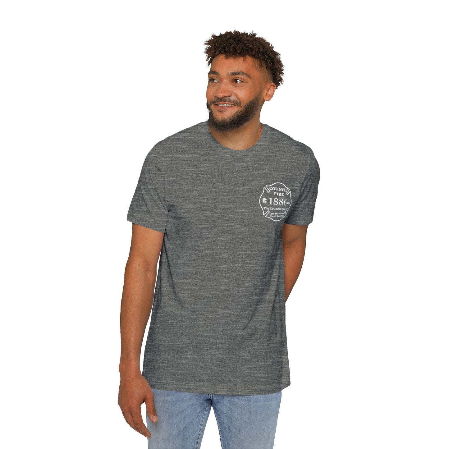 Council Fire Firefighter T-Shirt – "Made in USA" Flag Design (1886 Badge)