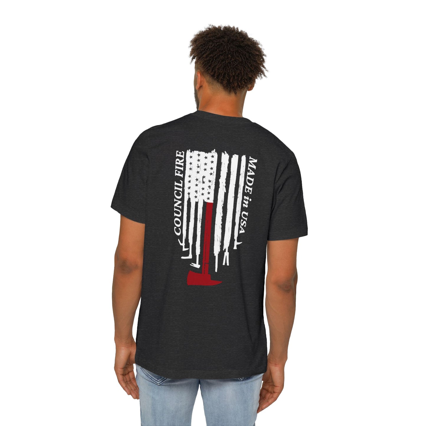 Council Fire Firefighter T-Shirt – "Made in USA" Flag Design (1886 Badge)