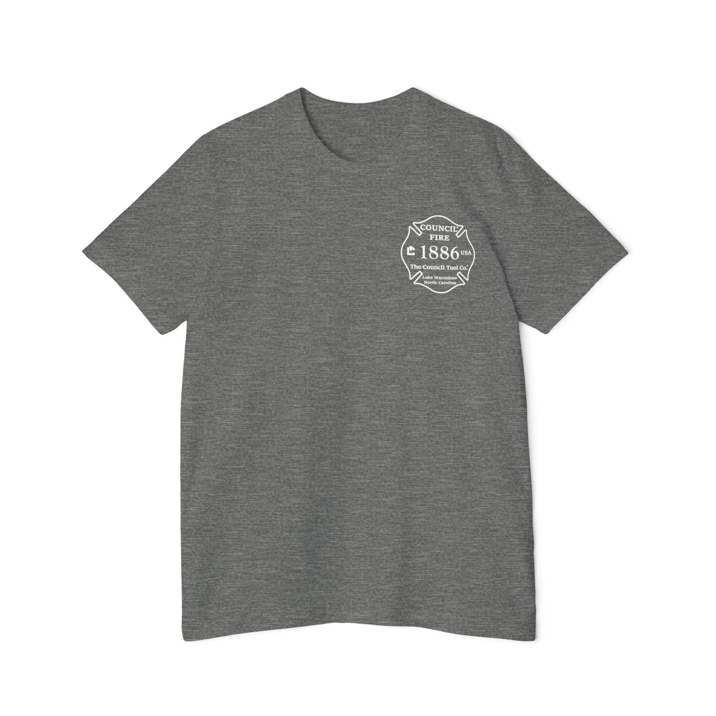 Council Fire Firefighter T-Shirt – "Made in USA" Flag Design (1886 Badge)