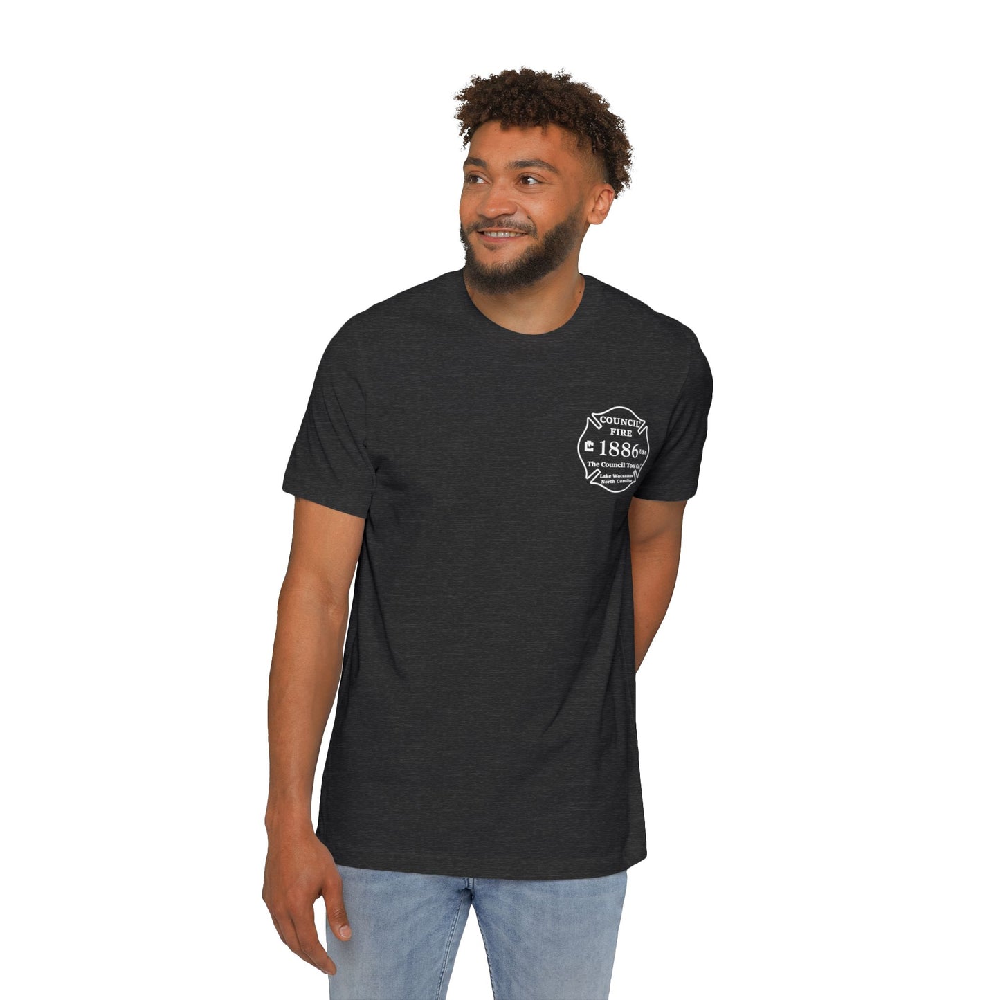 Council Fire Firefighter T-Shirt – "Made in USA" Flag Design (1886 Badge)