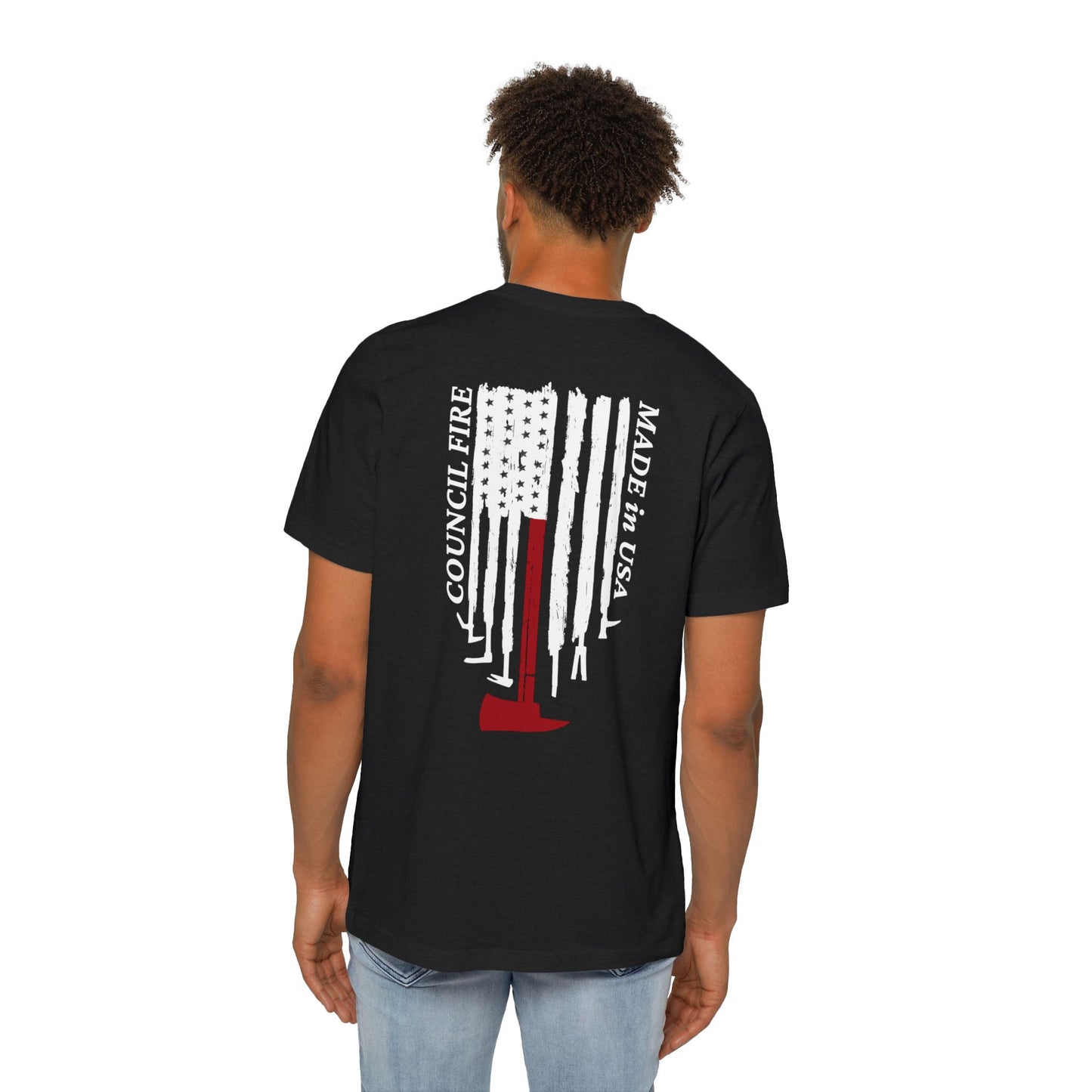 Council Fire Firefighter T-Shirt – "Made in USA" Flag Design (1886 Badge)