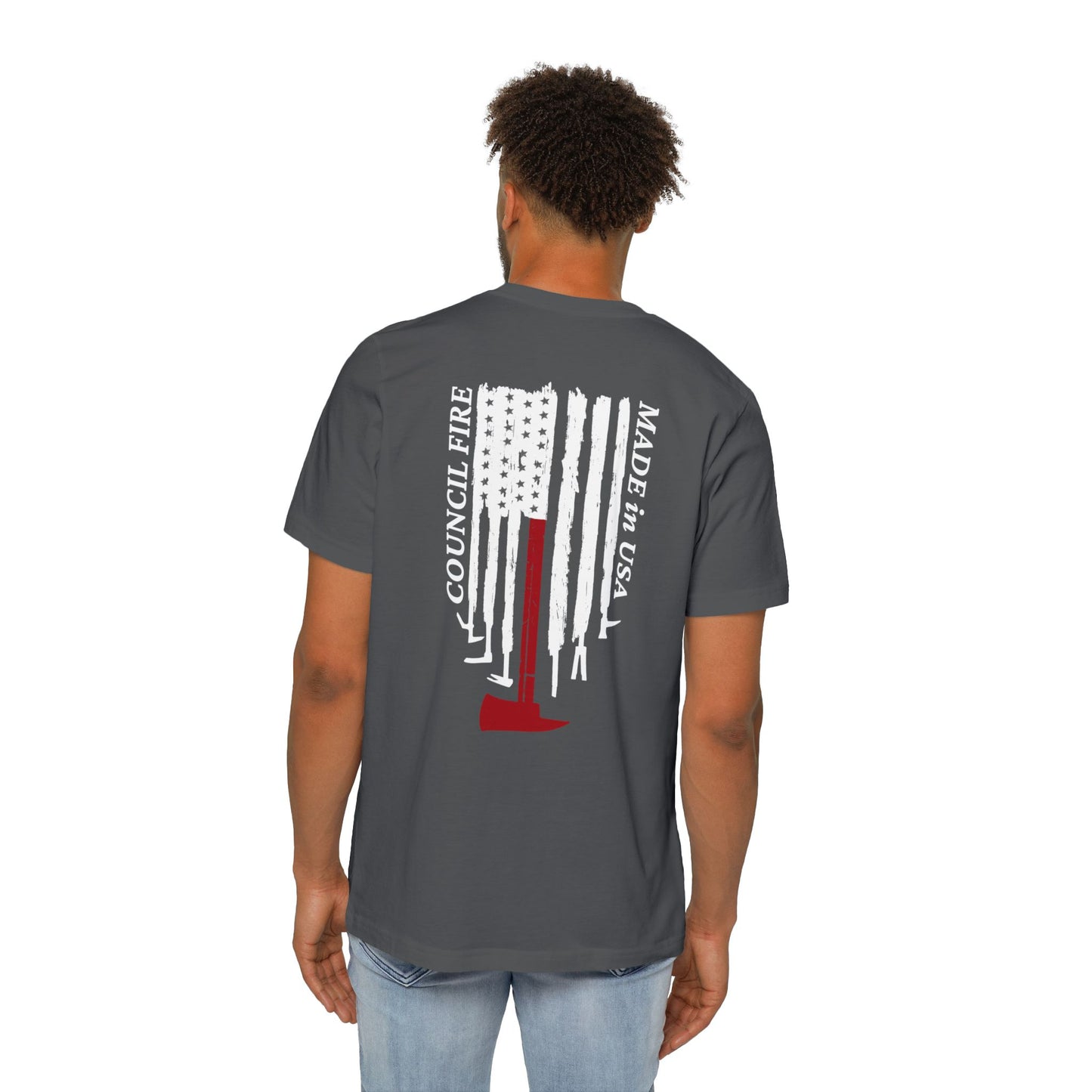 Council Fire Firefighter T-Shirt – "Made in USA" Flag Design (1886 Badge)