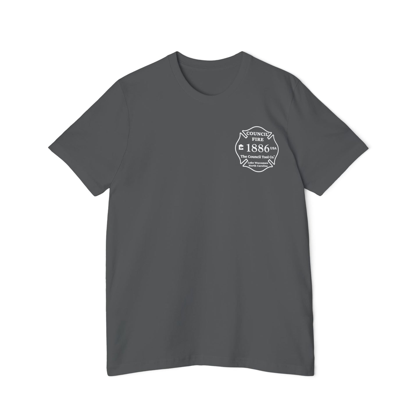 Council Fire Firefighter T-Shirt – "Made in USA" Flag Design (1886 Badge)
