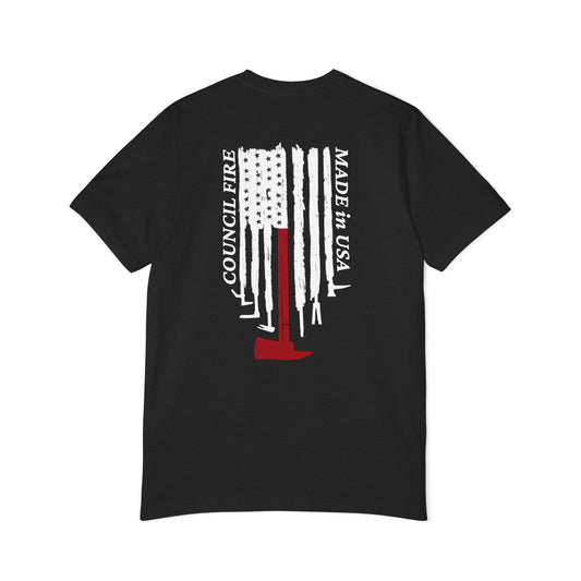 Council Fire Firefighter T-Shirt – "Made in USA" Flag Design (1886 Badge)