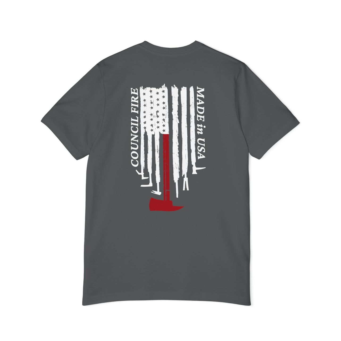 Council Fire Firefighter T-Shirt – "Made in USA" Flag Design (1886 Badge)