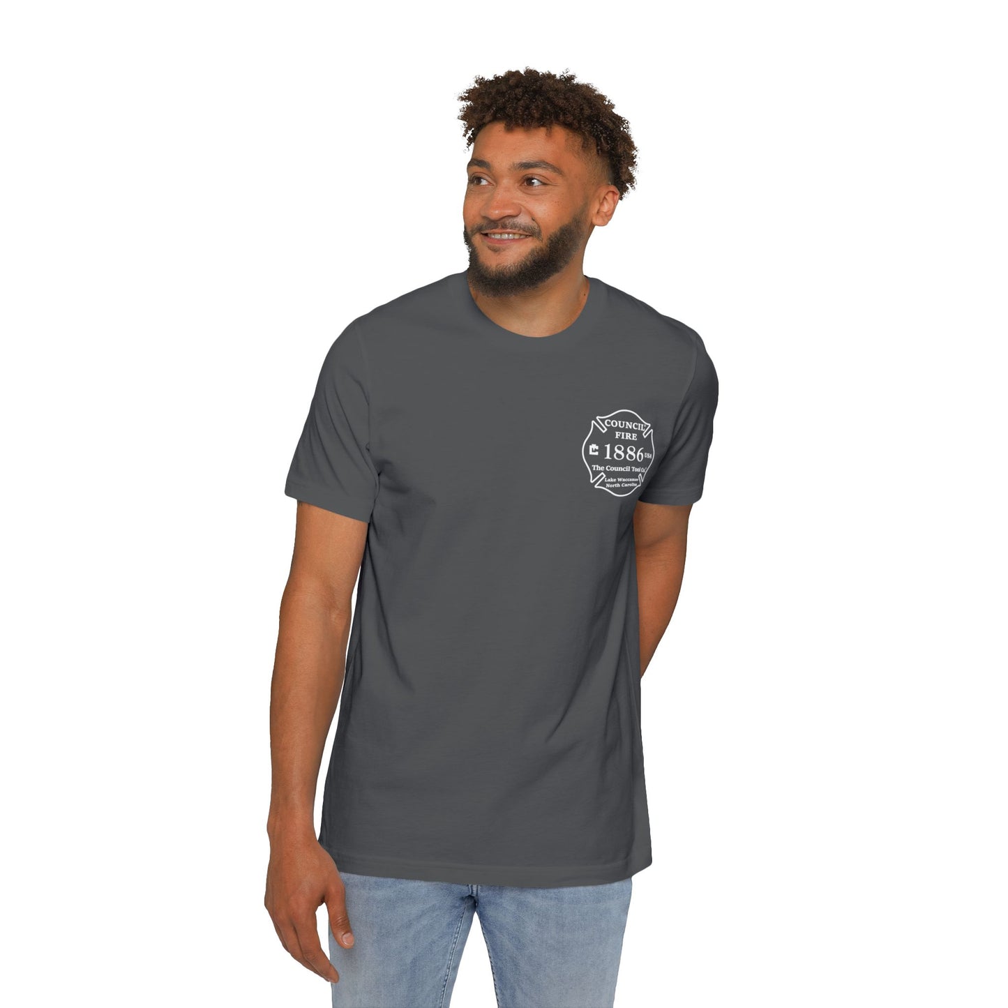 Council Fire Firefighter T-Shirt – "Made in USA" Flag Design (1886 Badge)