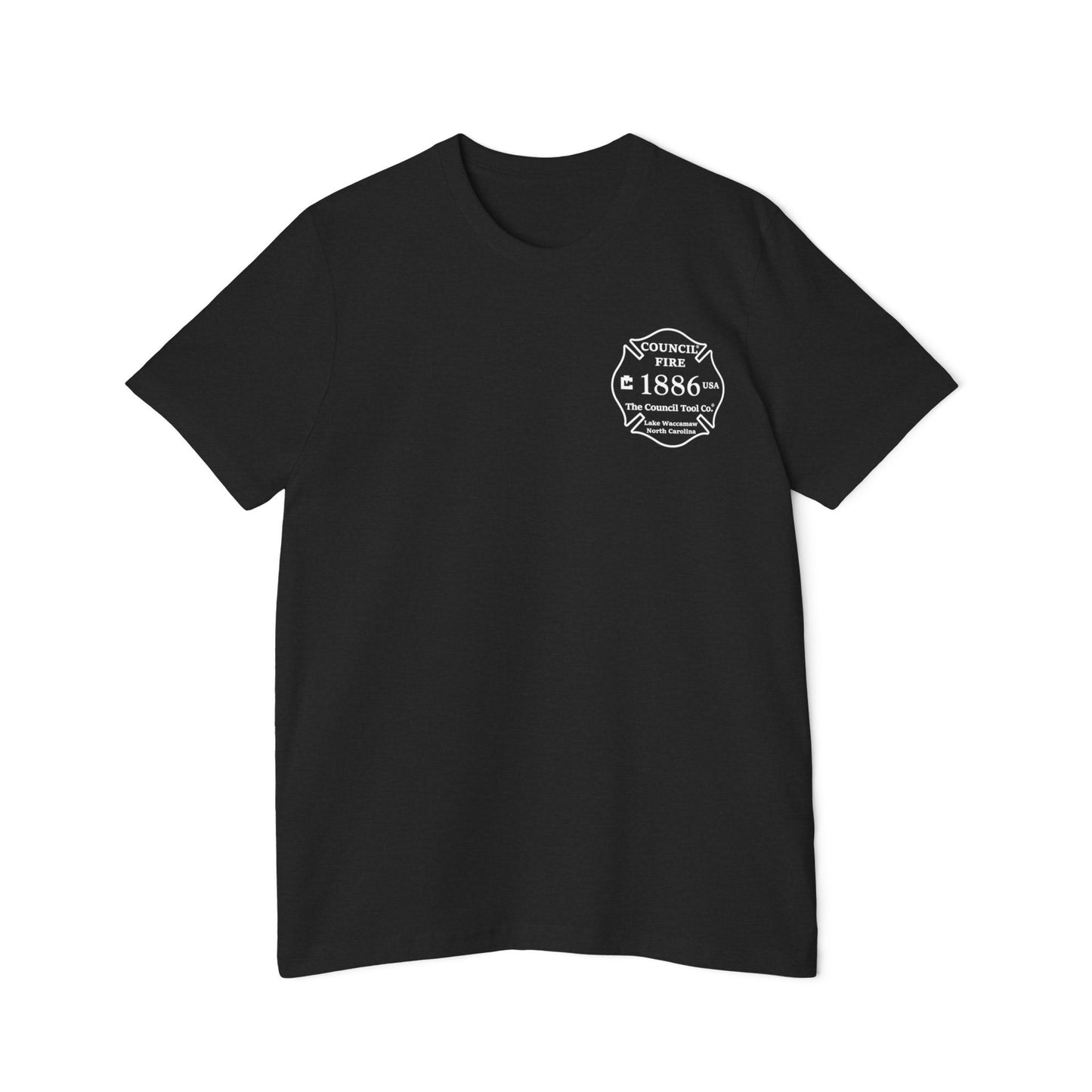 Council Fire Firefighter T-Shirt – "Made in USA" Flag Design (1886 Badge)