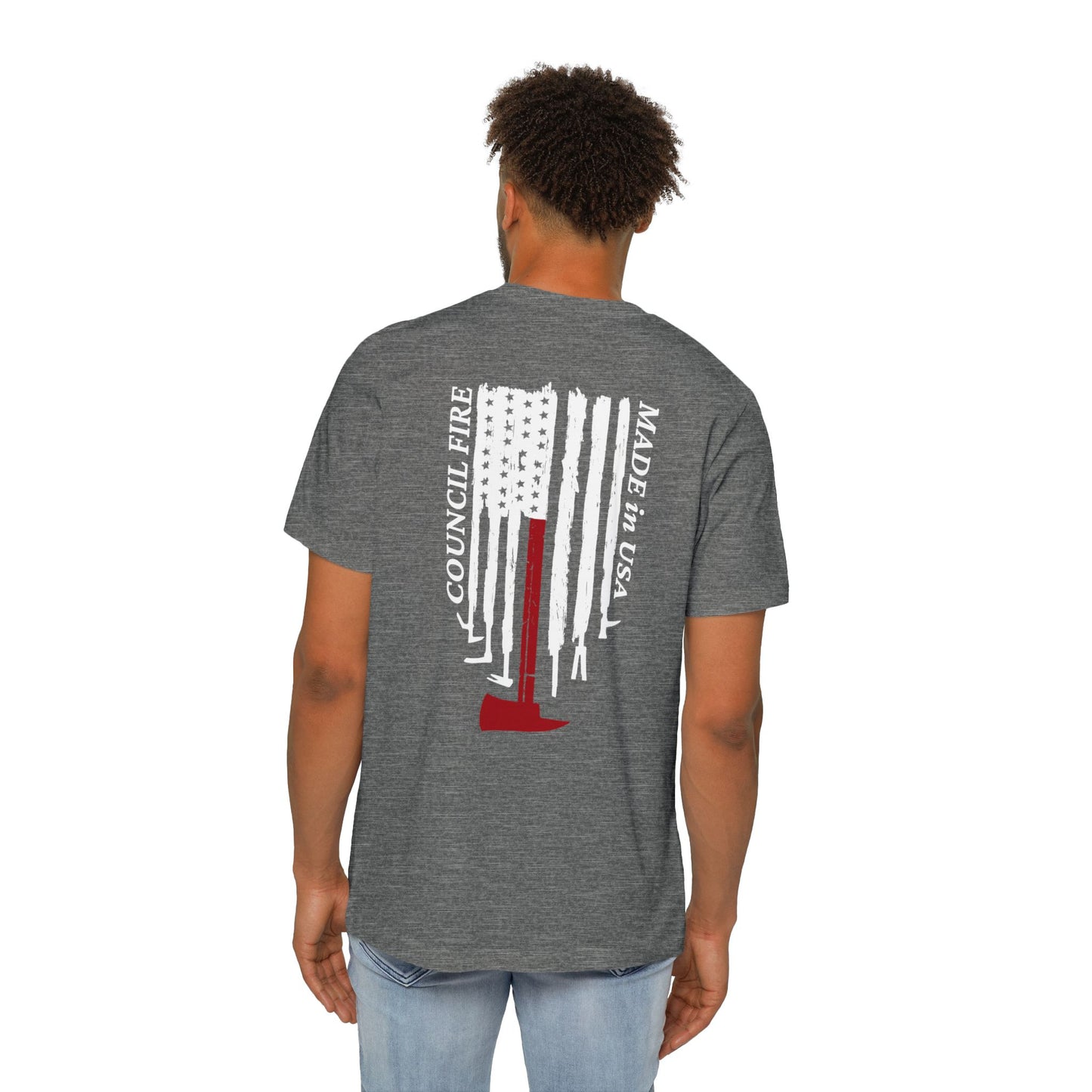 Council Fire Firefighter T-Shirt – "Made in USA" Flag Design (1886 Badge)
